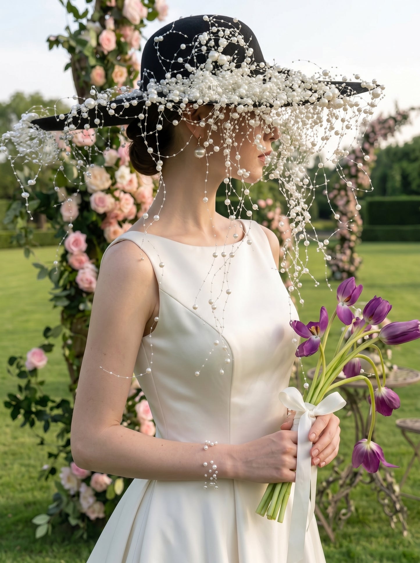 Gothic Black Wedding Hat with Pearl Galaxy Veil - Anti-Bride Statement Wide-Brim Hat with Cascading Beaded Netting  LUNA-X199