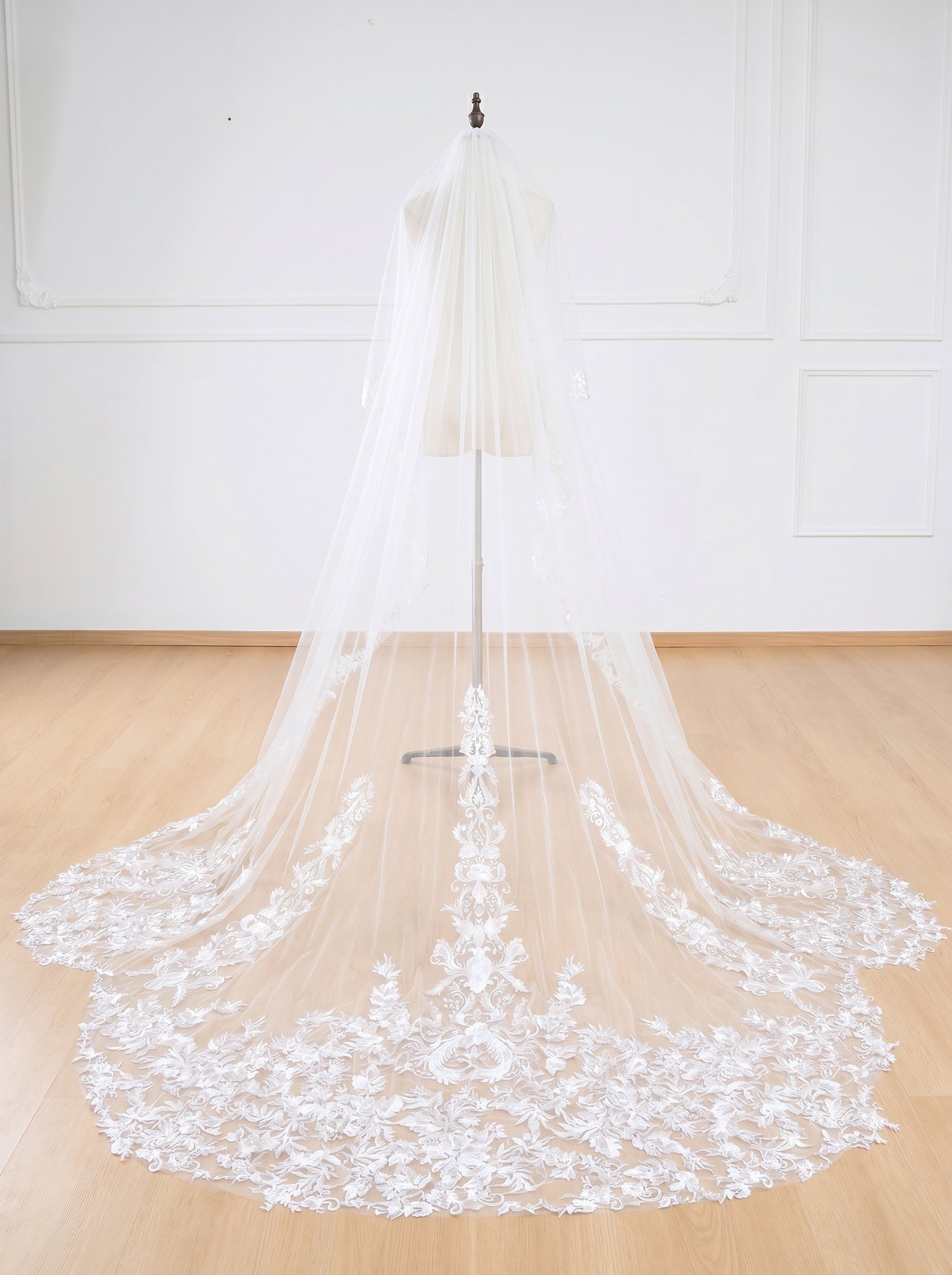Grand Cathedral Wedding Veil - 138" Extravagant Royal Tulle with Gorgeous Heavy Lace Appliqués and Secure Metal Comb  LUNA-X07