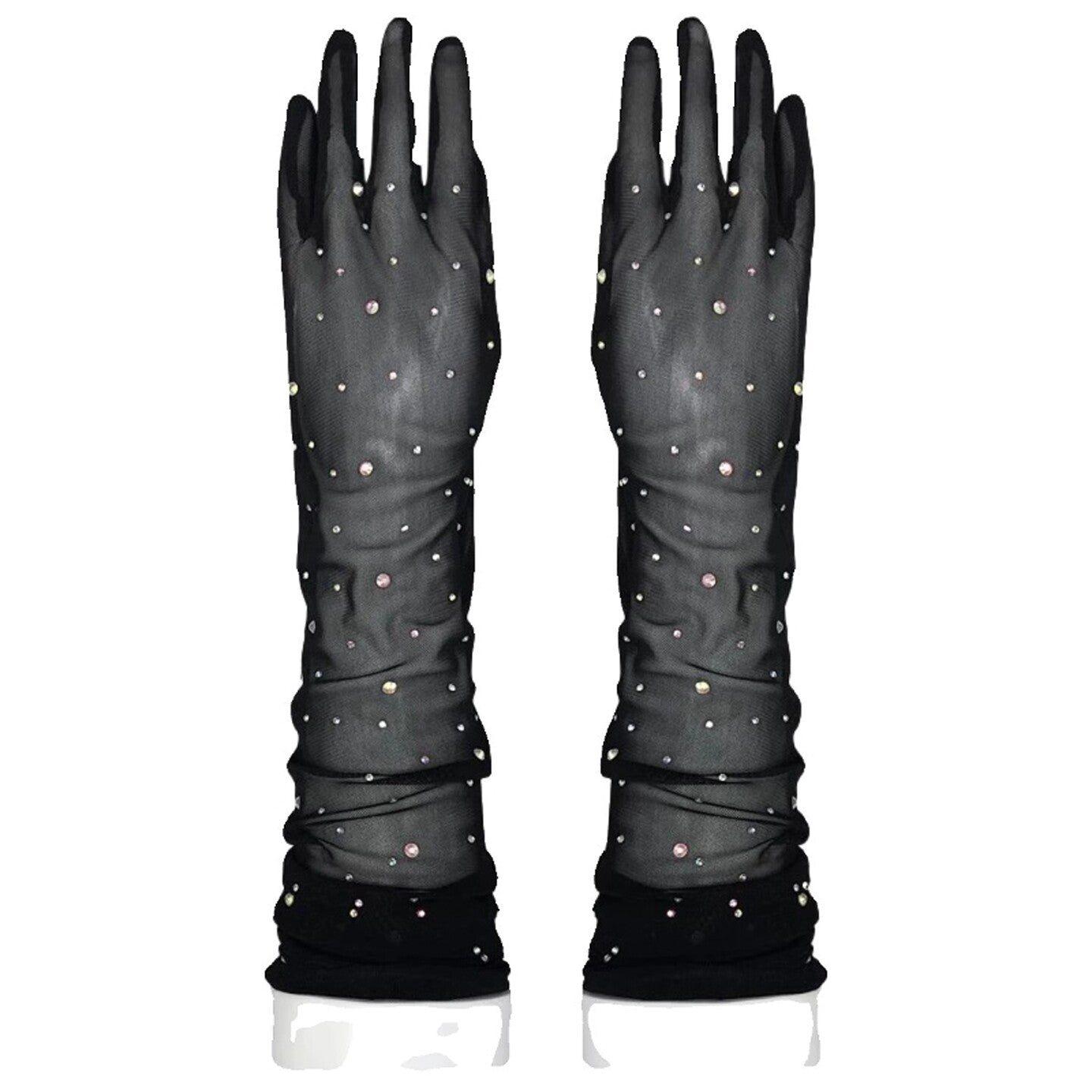 Gothic Black Rhinestone Bridal Gloves - 52cm Opera Length Sheer Mesh Evening Gloves - Vintage Hollywood Sparkly Prom & Party Long Mittens LUNA-X326