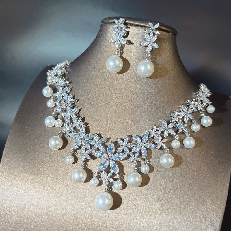 Luxury Marquise Zircon Wheat Ear Bridal Jewelry Set, Platinum Plated Geometric Leaf Choker Necklace & Shimmering Dangle Earrings with S925 Silver Pins LUNA-X159