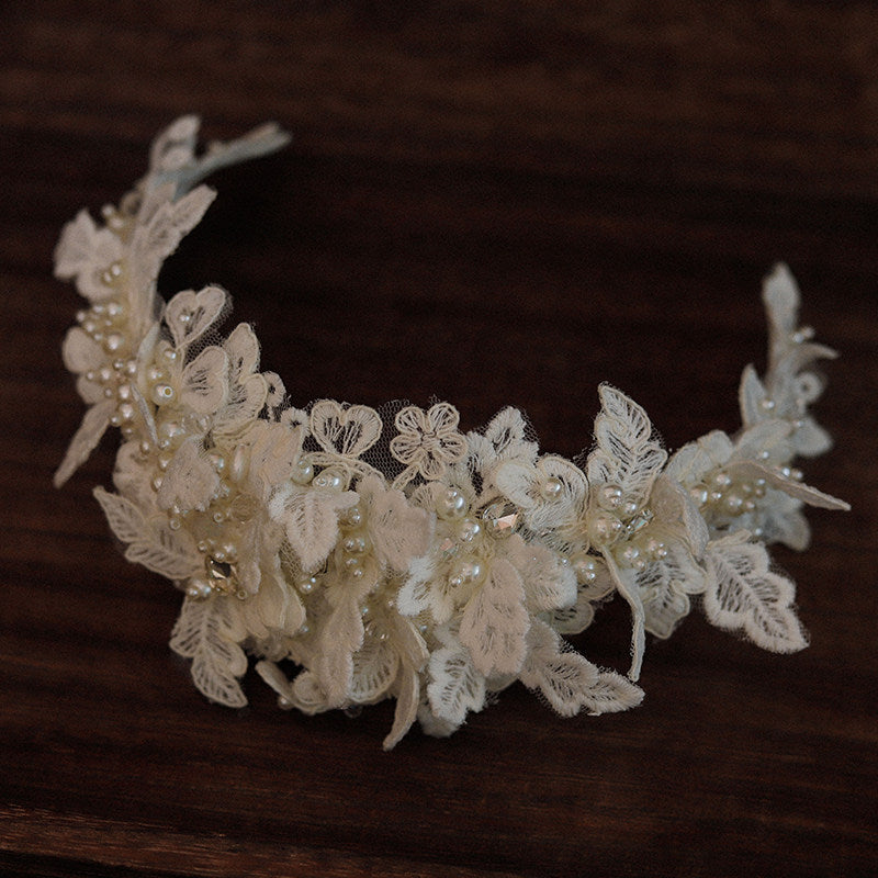 Vintage French Lace Bridal Tiara Headband Romantic Embroidered Floral Wedding Hair Vine | Handmade Bridal Crown Accessory for Modern Brides | LUNA-X112