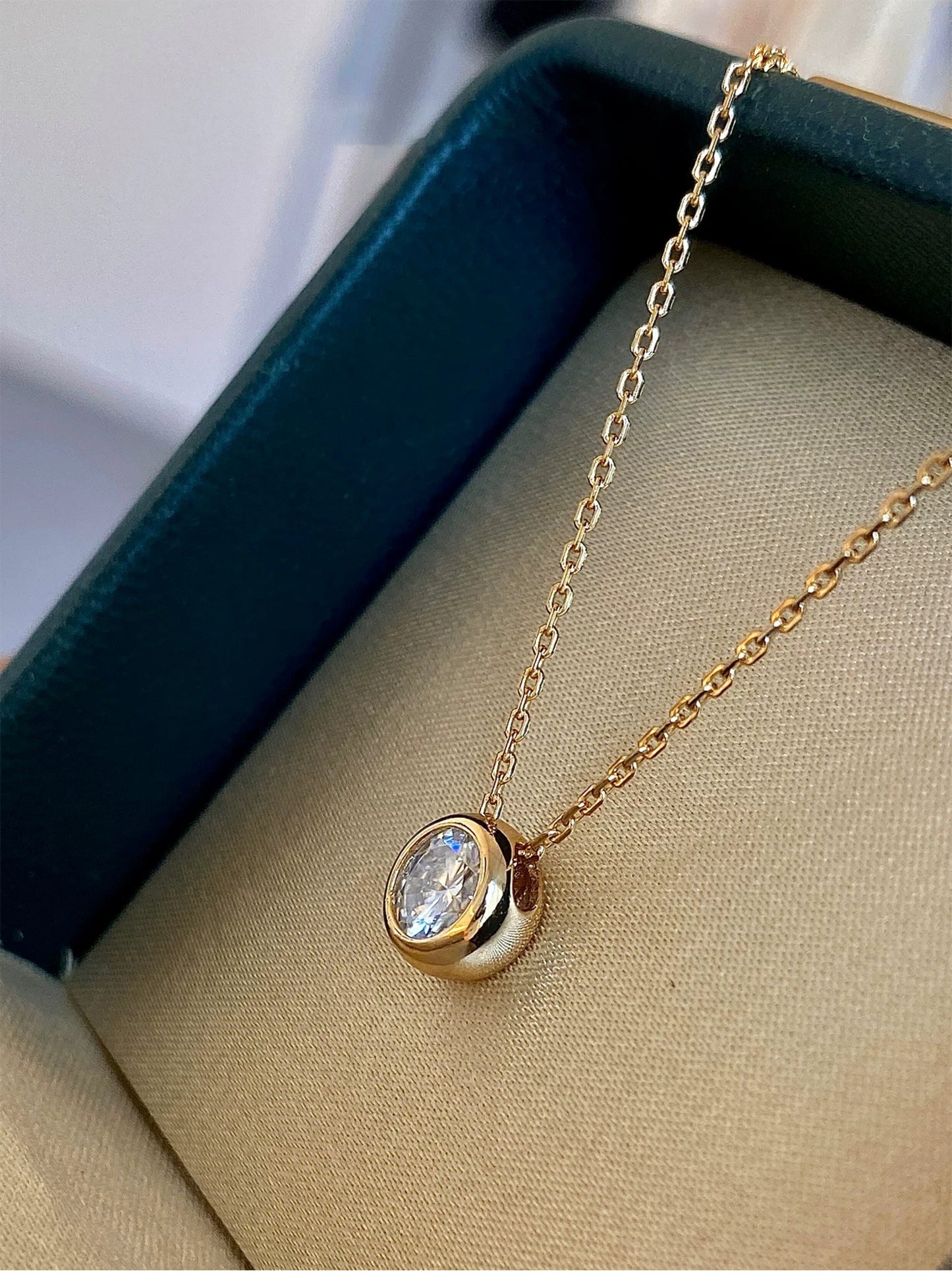 Dainty 60pt Moissanite Bezel Solitaire Gold Necklace for Women, Minimalist Round Bubble Pendant Adjustable 40+5cm Chain Daily Wear Fine Jewelry Gift  LUNA-X289