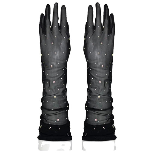 Gothic Black Rhinestone Bridal Gloves - 52cm Opera Length Sheer Mesh Evening Gloves - Vintage Hollywood Sparkly Prom & Party Long Mittens LUNA-X326