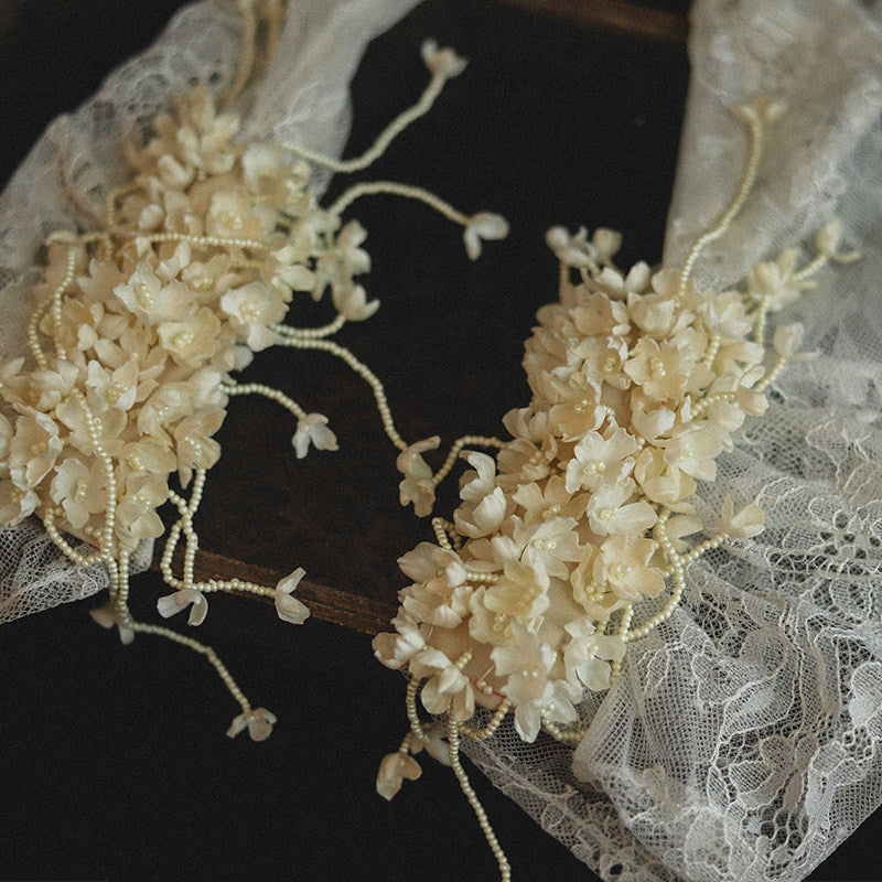 Vintage Cottagecore Lace Bridal Gloves Mid-Length 3D Floral Wedding Gloves with Cascading Beaded Tendrils | Antique Ivory Romantic Sheer Mesh Mittens | LUNA-X328