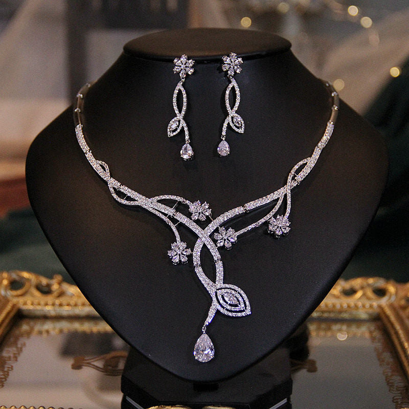 Luxury Marquise Zircon Ice Cascade Bridal Jewelry Set, Platinum Plated Radiant Leaf Tennis Necklace & 5.2cm Dramatic Dangle Earrings Set for Wedding, Prom & Gala LUNA-X156