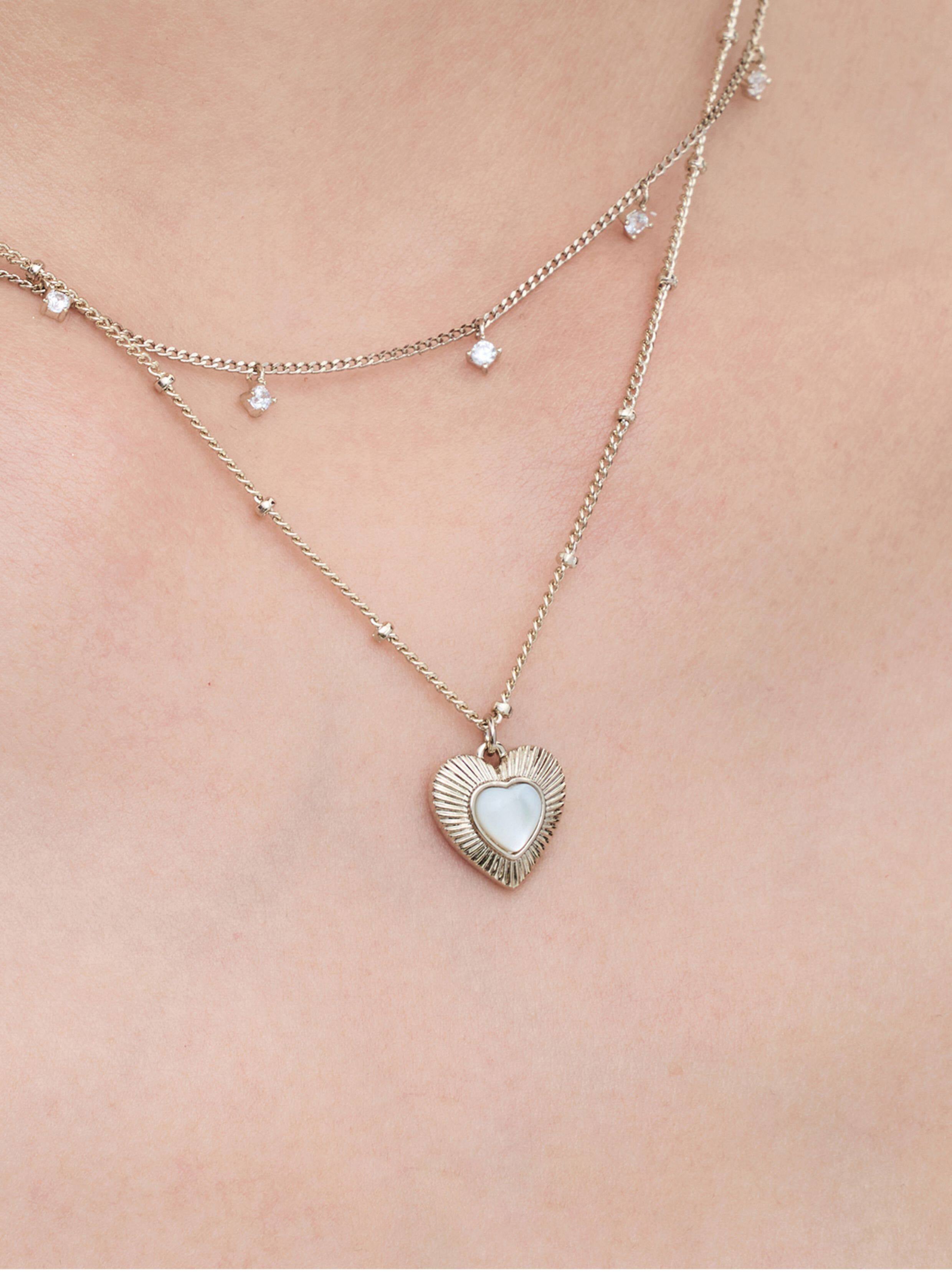 Two-Layer Star CZ & Sunburst Heart Mother of Pearl Pendant Necklace, Pale Titanium Gold Stackable Adjustable Chain for Women  LUNA-X255