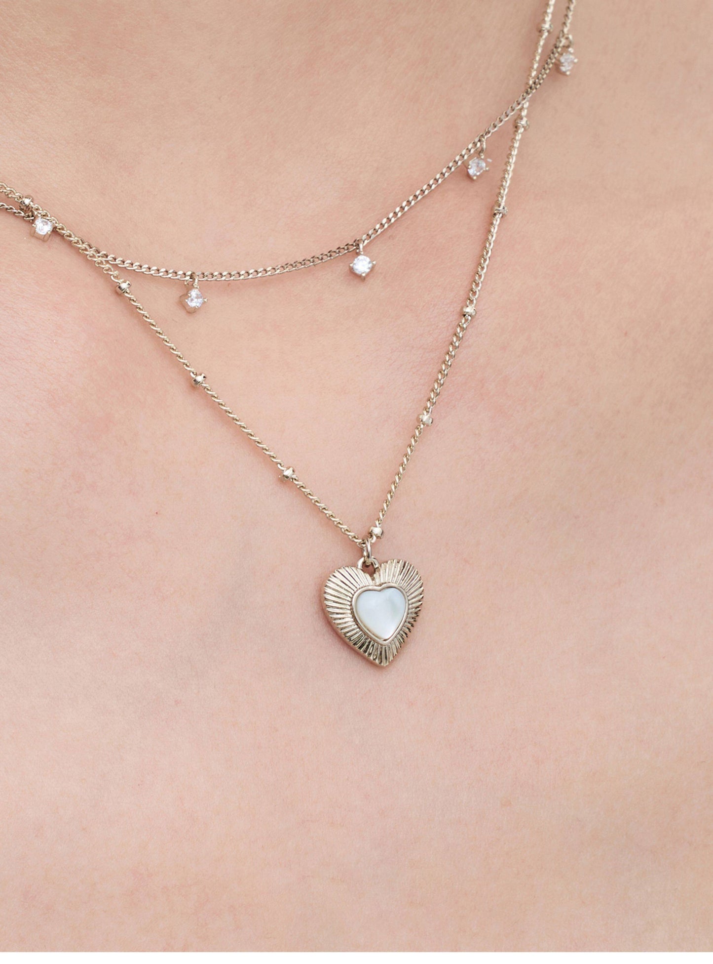 Two-Layer Star CZ & Sunburst Heart Mother of Pearl Pendant Necklace, Pale Titanium Gold Stackable Adjustable Chain for Women  LUNA-X255