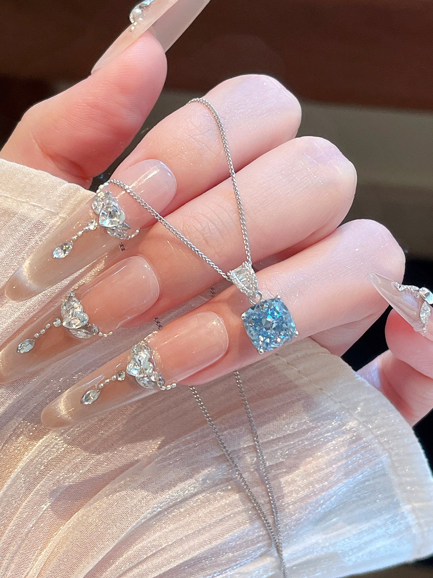 Square Aquamarine Blue Cubic Zirconia Pendant Necklace S925 Sterling Silver Dainty Thin Chain Women Wedding Daily Jewelry Gift   LUNA-X236