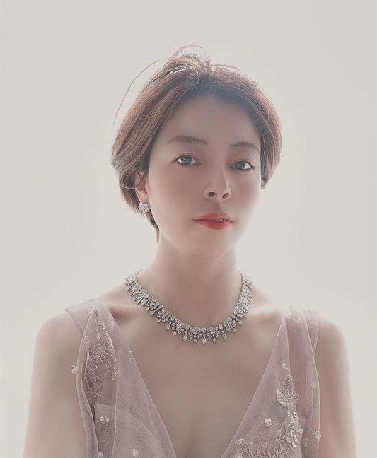 Elegant Leaf-Design Cubic Zirconia Bridal Necklace & Earring Set White-Tone Plated | LUNA-X144
