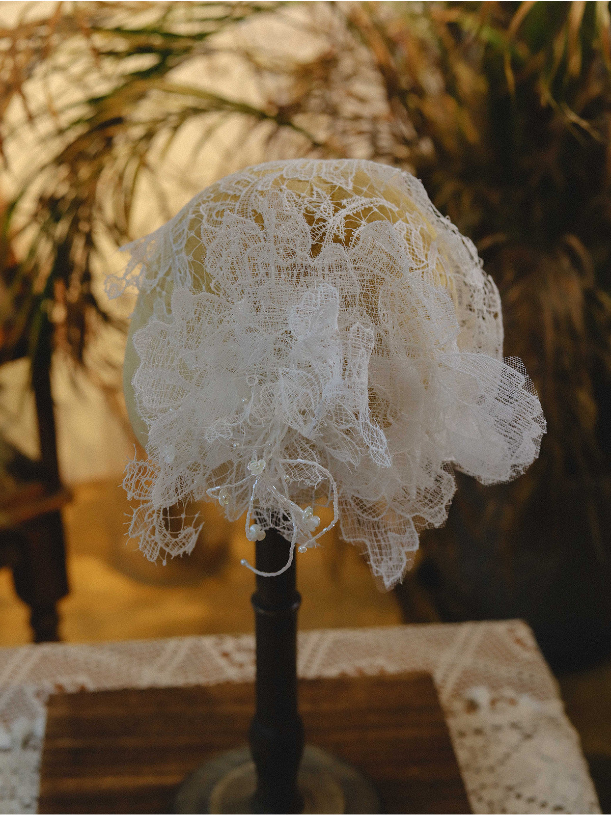 Vintage 1920s Juliet Cap Bridal Veil - Statement Chantilly Lace Wedding Headband - Luxury 3D Floral Flapper Headpiece with Pearl Droplets  LUNA-X330