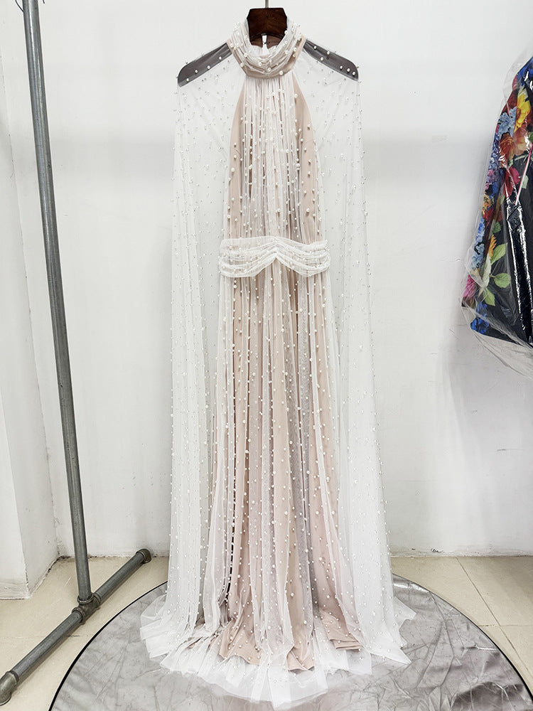 Ethereal Pearl Beaded Bridal Cape Dress - Halter Neck Open Back Wedding Reception Gown - Luxury Pearlcore Floor-Length Bridal Dress  LUNA-X233
