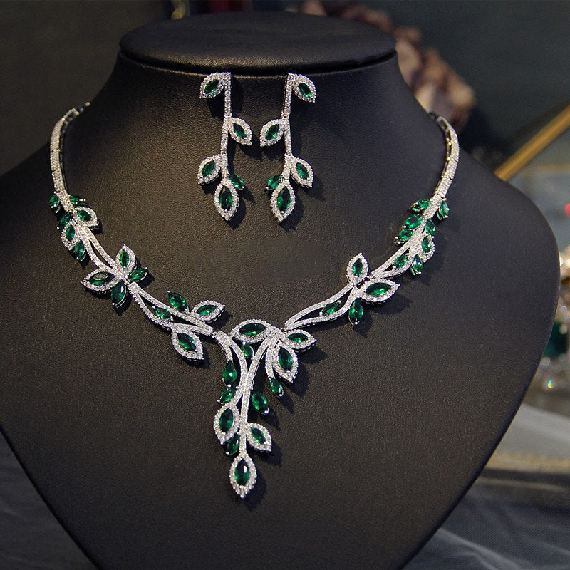 Botanical Vine Bridal Jewelry Set, Luxury Marquise CZ Leaf Necklace & 4.2cm Dangle Earrings Set for Wedding, Royal Blue & Emerald Green  LUNA-X173