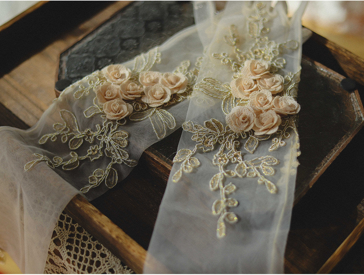 Baroque Gold Embroidered Bridal Gloves - 48cm Opera Length Sheer Mesh Wedding Gloves - Luxury 3D Rosette French Vintage Princess Mittens LUNA-X327