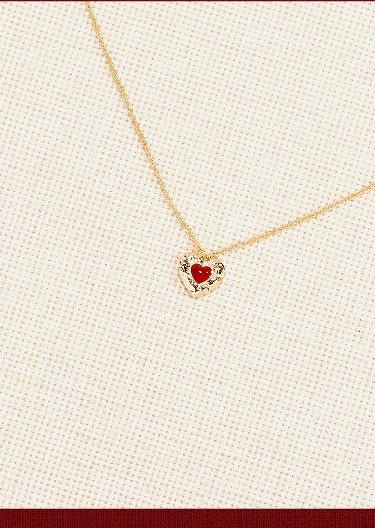 18K Gold Plated Hammered Red Enamel Heart Pendant Necklace For Women Dainty Adjustable 40+5cm Cable Chain Minimalist Romantic Valentines Daily Layering Jewelry Gift For Girlfriend LUNA-X278