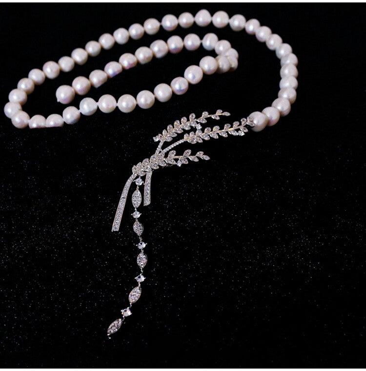 "Audrey's Garden" Freshwater Pearl & Marquise Zircon Leaf Drop Necklace, Platinum Plated Bridal & Timeless Cocktail Statement Jewelry LUNA-X167
