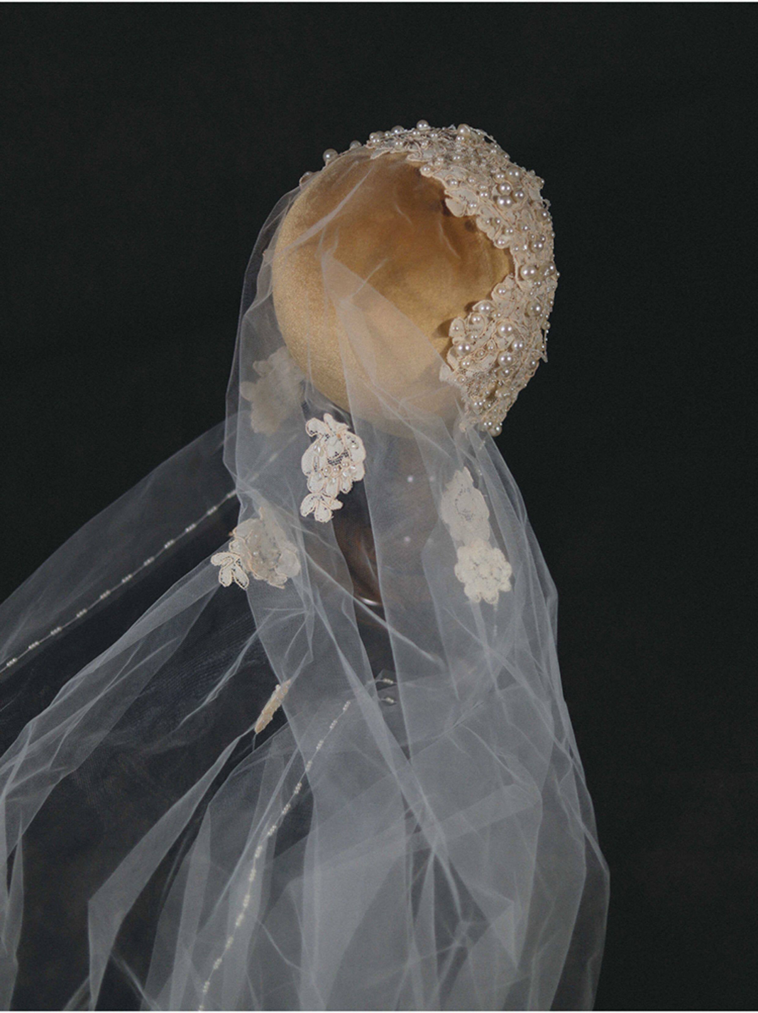 Luxury Juliet Cap Bridal Veil - Vintage Edwardian Pearl-Encrusted Wedding Hair Piece - Royal Lace Bridal Cap Veil with Scalloped Drapes  LUNA-X329