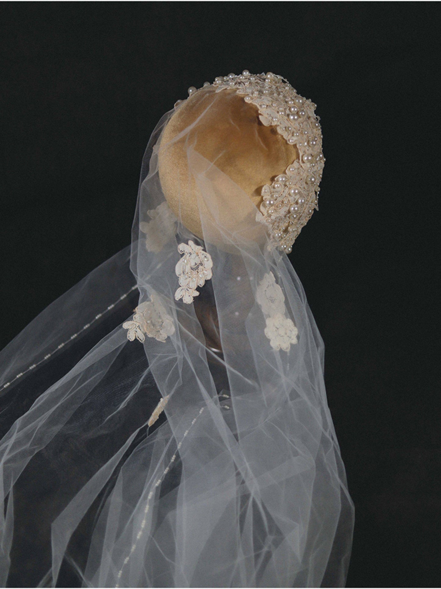 Luxury Juliet Cap Bridal Veil - Vintage Edwardian Pearl-Encrusted Wedding Hair Piece - Royal Lace Bridal Cap Veil with Scalloped Drapes  LUNA-X329
