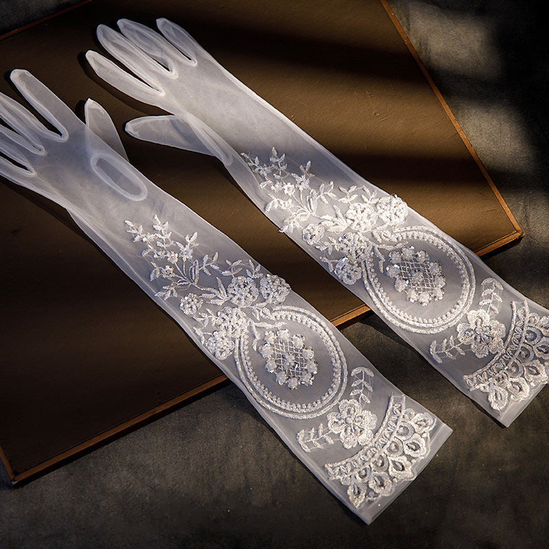 Elegant 55cm Opera Length Sheer Tulle Bridal Gloves, Romantic Off-White Wedding Gloves with Luxury Hand-Beaded Floral Lace Appliques LUNA-X176