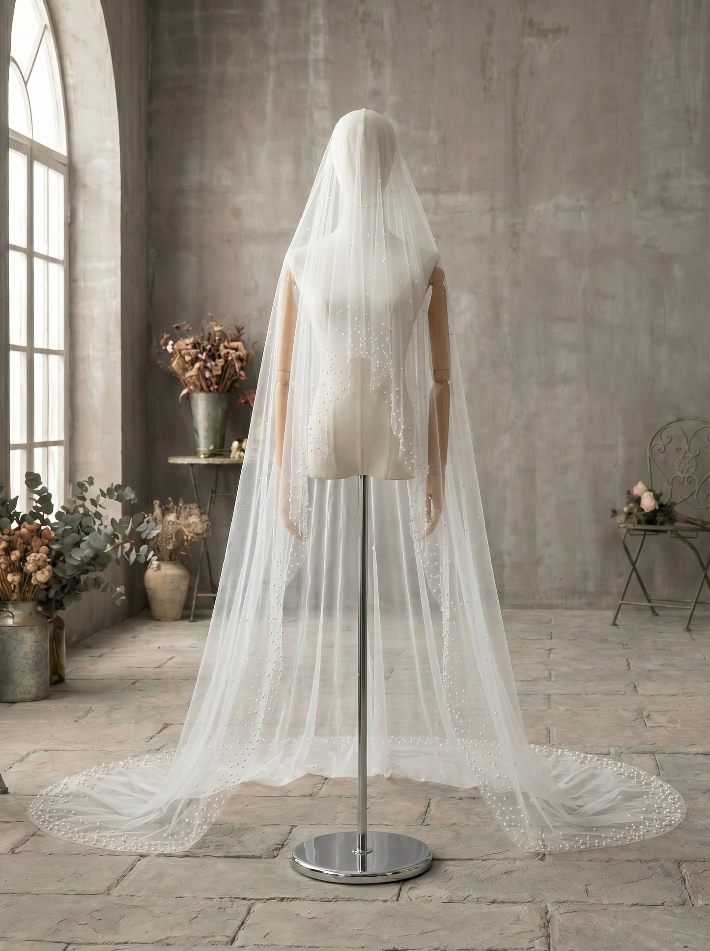 3M No Comb Pearl Wedding Veil, 118" Long 63" Wide Single Tier Cathedral Veil, Milk White Soft Netting Blusher Veil with Scattered Pearls LUNA-X92