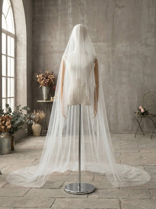 3M No Comb Pearl Wedding Veil, 118" Long 63" Wide Single Tier Cathedral Veil, Milk White Soft Netting Blusher Veil with Scattered Pearls LUNA-X92