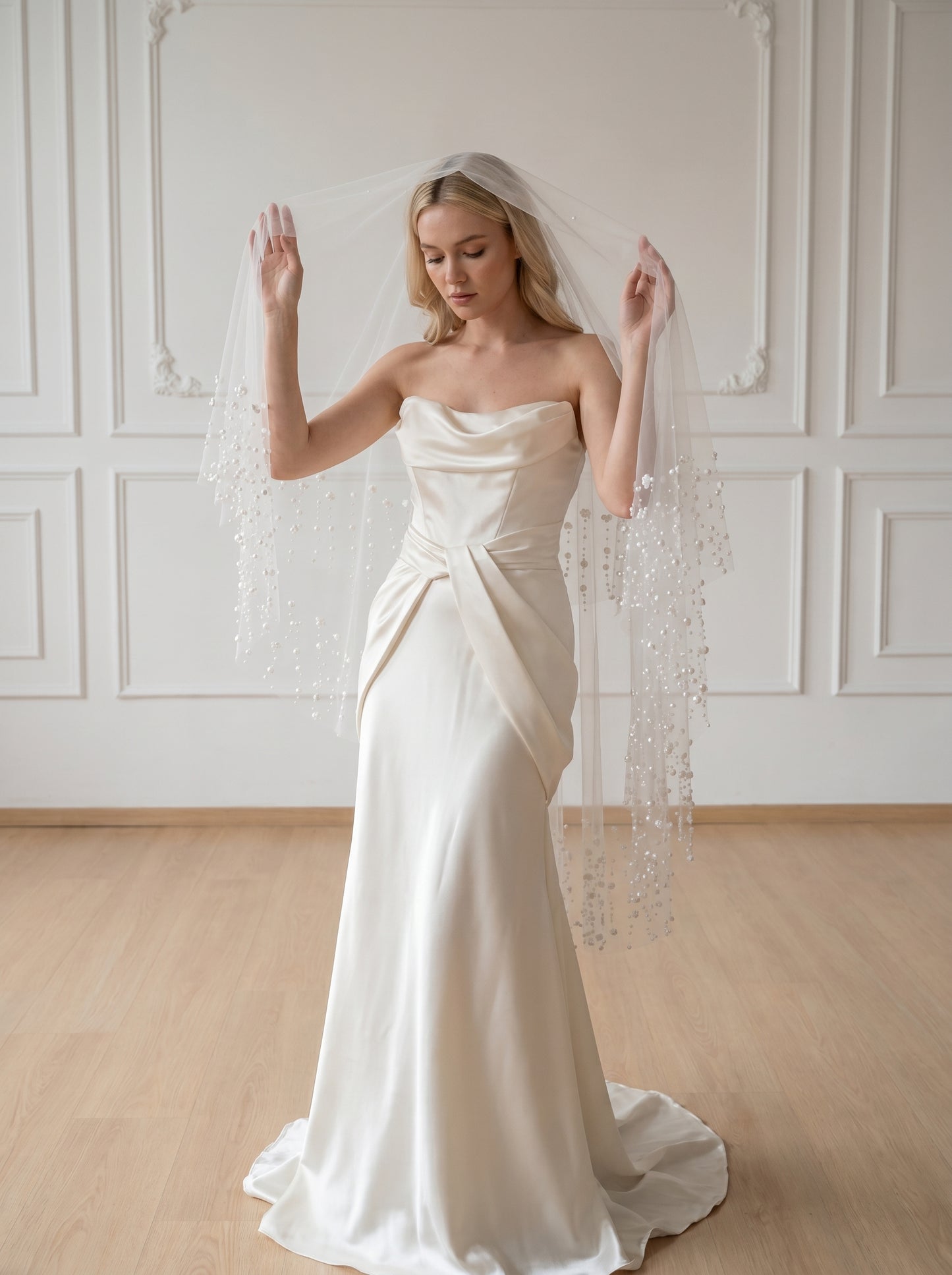 Minimalist Wide Fingertip Wedding Veil - 60" White Drop Veil, No Comb for Custom Blusher or Hairpiece Styling  LUNA-X09