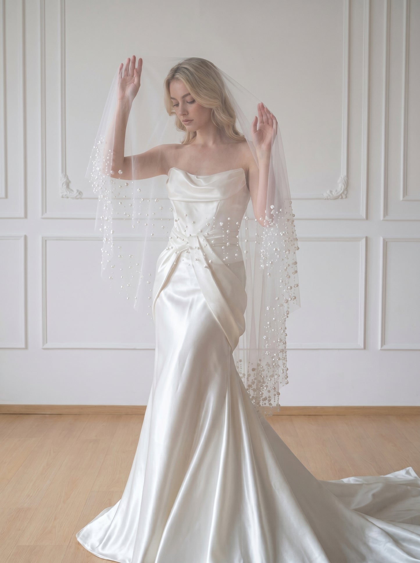 Minimalist Wide Fingertip Wedding Veil - 60" White Drop Veil, No Comb for Custom Blusher or Hairpiece Styling  LUNA-X09