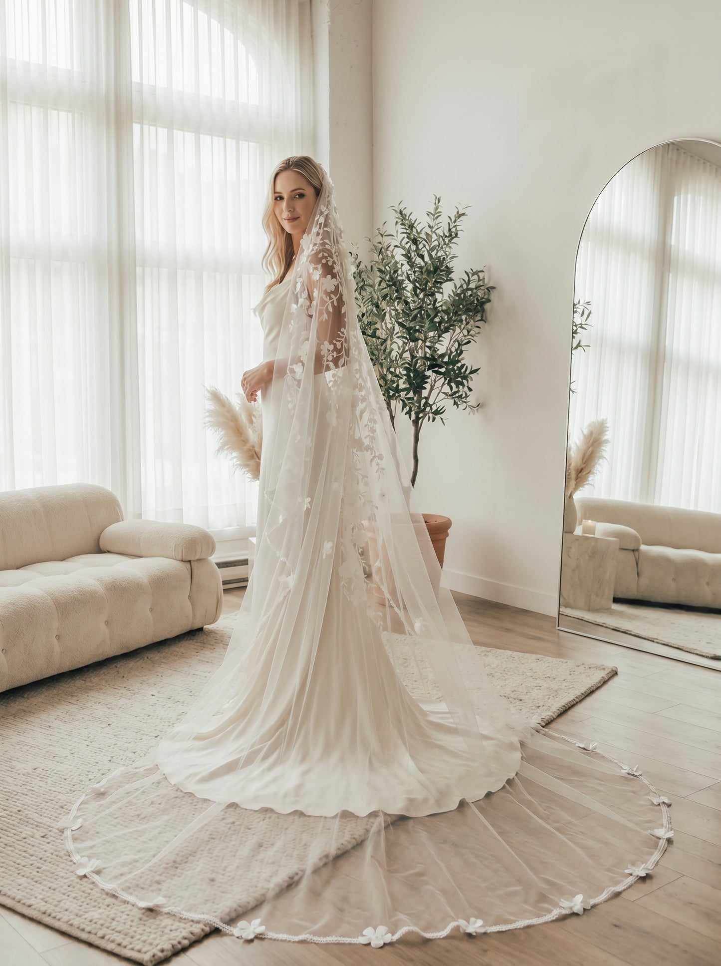 The Anti-Bride Minimalist Cathedral Veil - 3m Sleek One Layer Wedding Veil, Comb-Free High-Fashion Sheer Bridal Draping  LUNA-X48