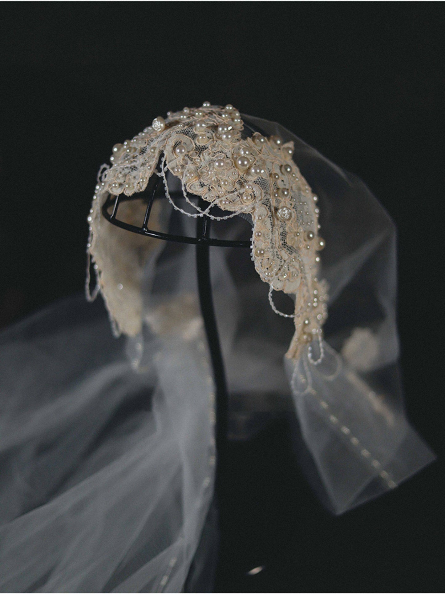 Luxury Juliet Cap Bridal Veil - Vintage Edwardian Pearl-Encrusted Wedding Hair Piece - Royal Lace Bridal Cap Veil with Scalloped Drapes  LUNA-X329