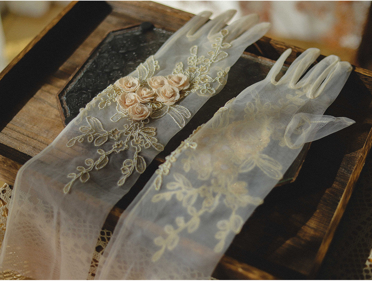 Baroque Gold Embroidered Bridal Gloves - 48cm Opera Length Sheer Mesh Wedding Gloves - Luxury 3D Rosette French Vintage Princess Mittens LUNA-X327