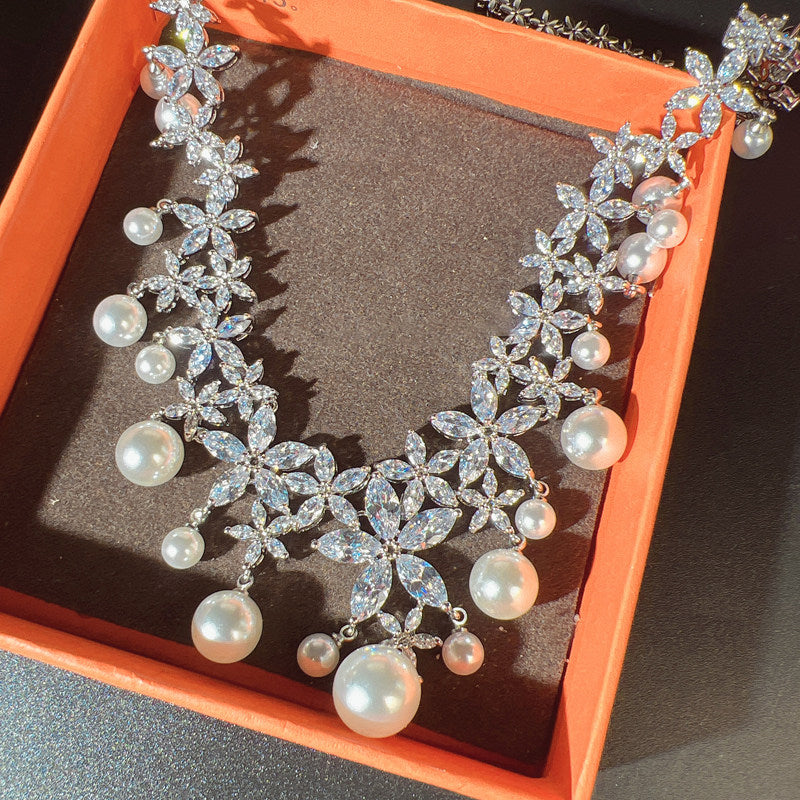 Luxury Marquise Zircon Wheat Ear Bridal Jewelry Set, Platinum Plated Geometric Leaf Choker Necklace & Shimmering Dangle Earrings with S925 Silver Pins LUNA-X159