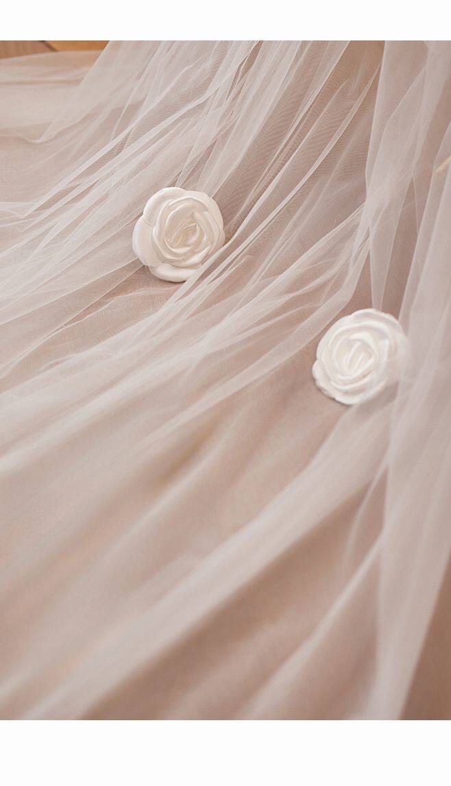 Romantic 3D Rose Bridal Cape Veil - Dramatic Puff Sleeve Wedding Capelet - Luxury Satin Floral Cathedral Train Shawl LUNA-X234