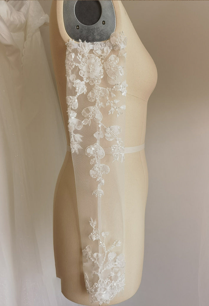 Vintage 3D Floral Bridal Sleeves - 55cm Opera Length Fingerless Wedding Gloves with Elastic Anti-Slip Cuff - Sequined White Illusion Lace Cuffs  LUNA-X323