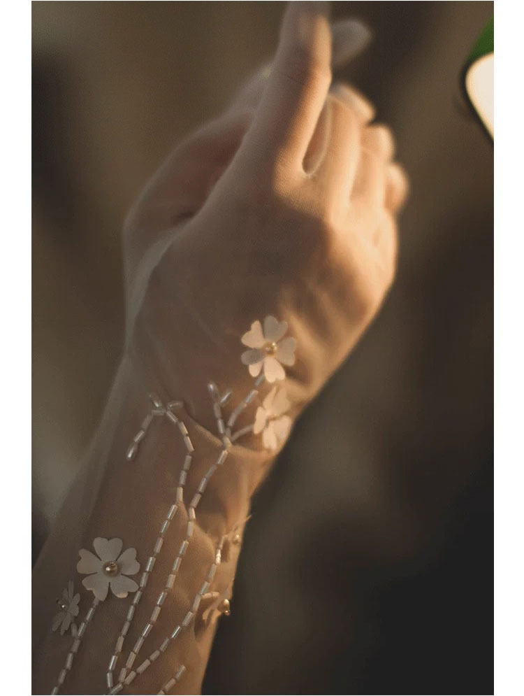 Ethereal Blossom Illusion Mesh Bridal Gloves - 35cm White 3D Floral Hand-Beaded Wedding Gloves - Vintage Cottagecore Sheer Prom Mittens LUNA-X316