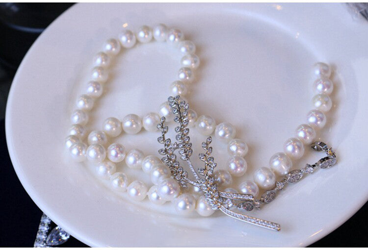 "Audrey's Garden" Freshwater Pearl & Marquise Zircon Leaf Drop Necklace, Platinum Plated Bridal & Timeless Cocktail Statement Jewelry LUNA-X167