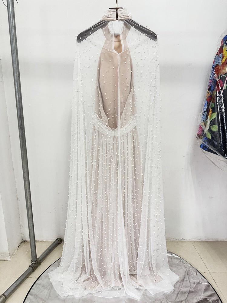 Ethereal Pearl Beaded Bridal Cape Dress - Halter Neck Open Back Wedding Reception Gown - Luxury Pearlcore Floor-Length Bridal Dress  LUNA-X233
