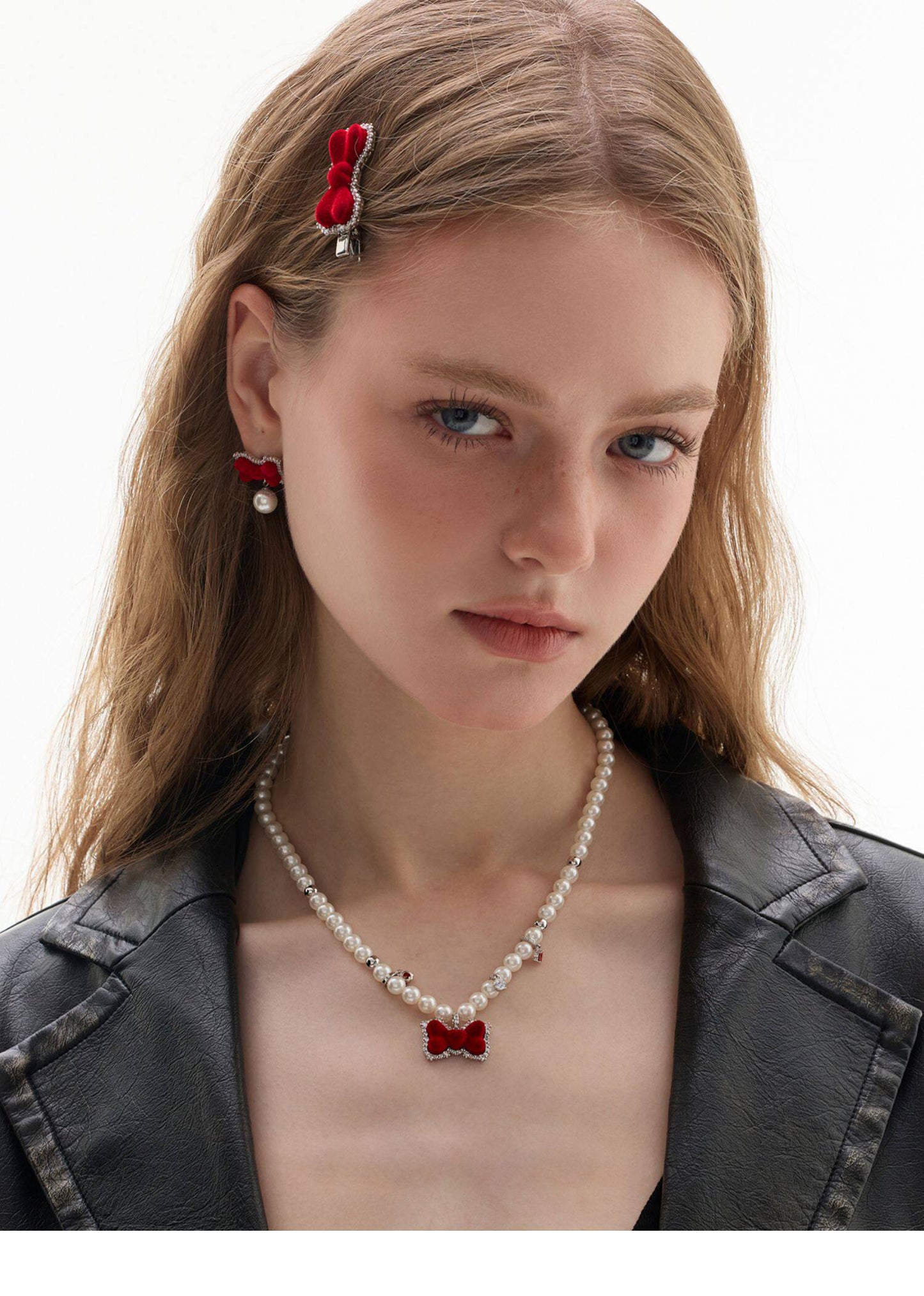 Red Velvet Bow Imitation Pearl Choker Necklace For Women Silver Plated Cubic Zirconia Dainty Crystal Drop Adjustable 42+5cm Chain Cute Sweet Lolita Party Statement Jewelry  LUNA-X275