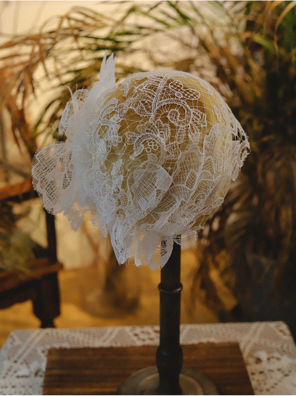 Vintage 1920s Juliet Cap Bridal Veil - Statement Chantilly Lace Wedding Headband - Luxury 3D Floral Flapper Headpiece with Pearl Droplets  LUNA-X330
