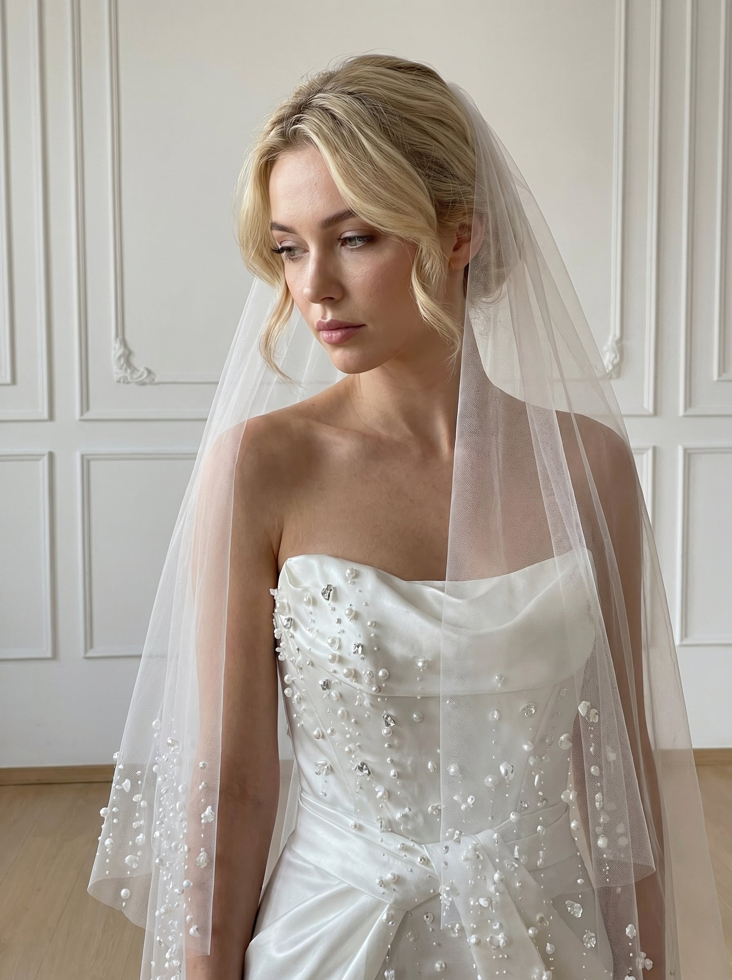 Minimalist Wide Fingertip Wedding Veil - 60" White Drop Veil, No Comb for Custom Blusher or Hairpiece Styling  LUNA-X09
