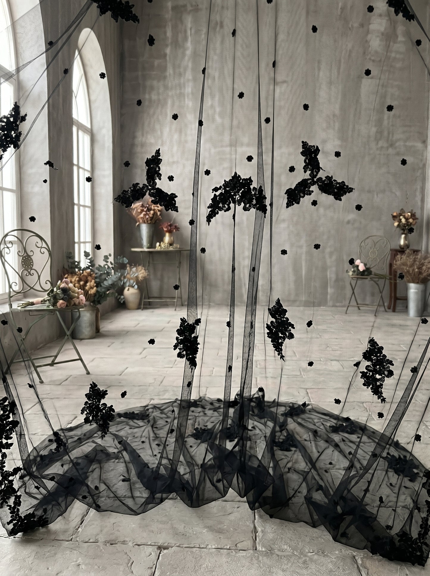 Luxury 3D Floral Black Gothic Royal Cathedral Veil with Comb - 3.5M Single Tier Swiss Dot Wedding Veil, 3M Extra-Wide Moody Bridal Veil LUNA-X82