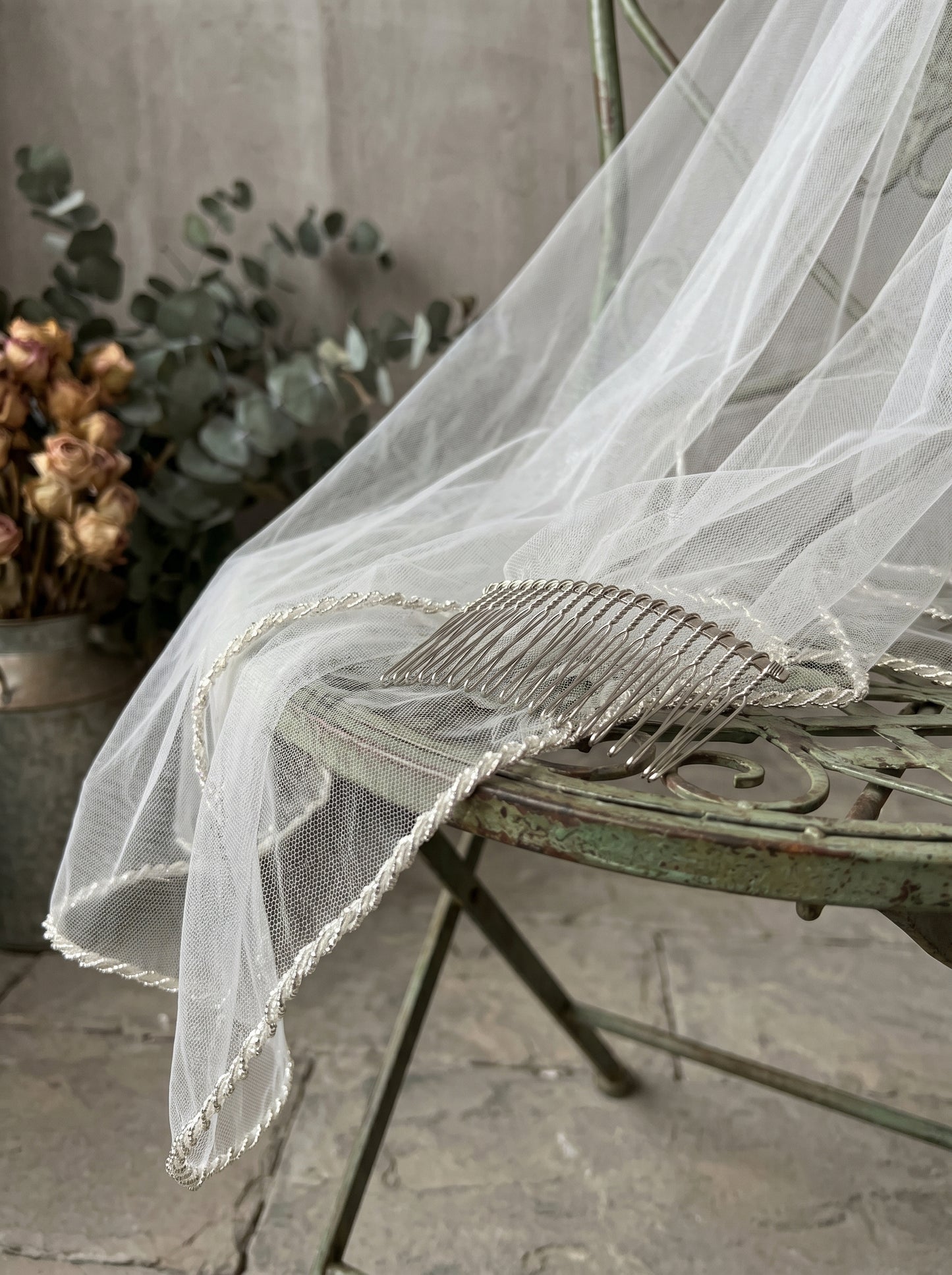 Classic Fingertip Beaded Wedding Veil with Comb - 2 Tier Milk White Swiss Tulle Drop Veil, Delicate Seed Bead Wire-Edge Bridal Blusher, 60cm/90cm LUNA-X85