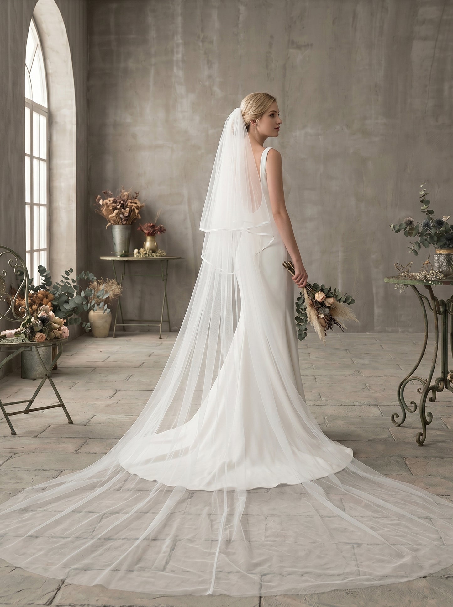 Luxury 2-Tier Structured Horsehair Edge Cathedral Veil - Milk White Swiss Tulle Wedding Veil with Comb, Cascading Ribbon Trim Blusher Veil LUNA-X73