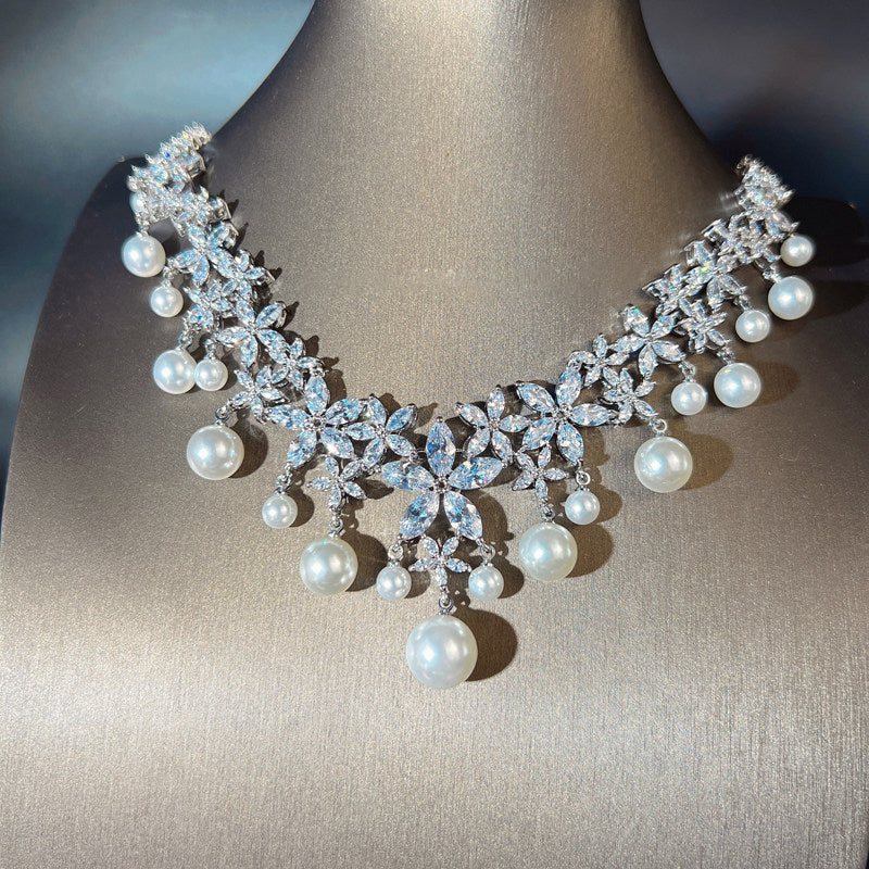 Luxury Marquise Zircon Wheat Ear Bridal Jewelry Set, Platinum Plated Geometric Leaf Choker Necklace & Shimmering Dangle Earrings with S925 Silver Pins LUNA-X159