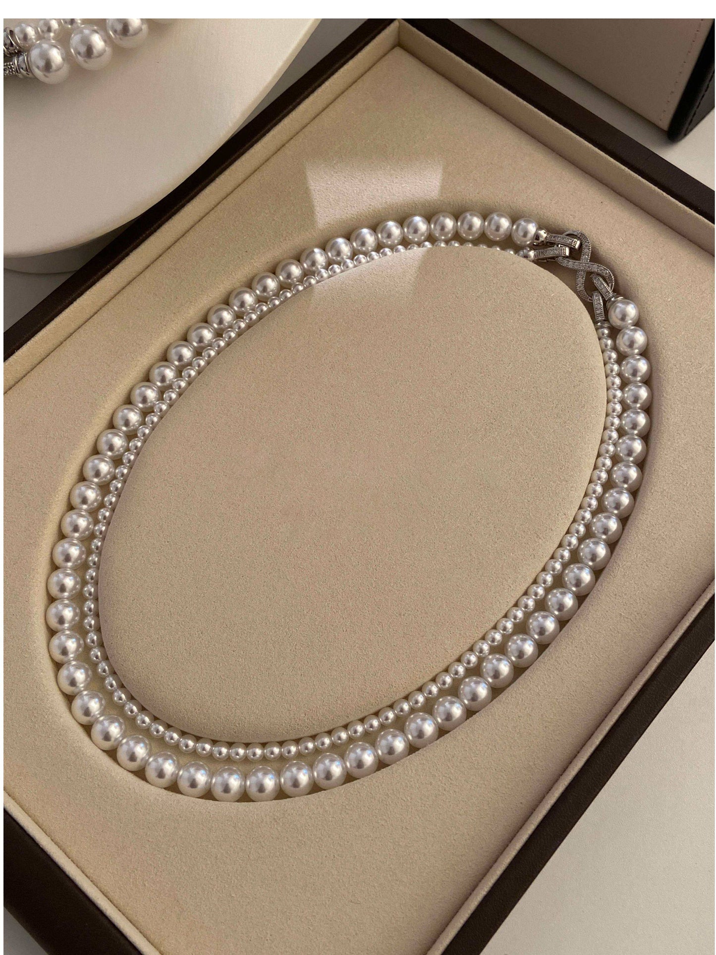 Double Layer Gradient Pearl Choker Necklace for Women, Two-Tier Australian White & Gray Madama Pearls 4/6mm+8/10mm Adjustable 44-46cm Collarbone Chain Crystal Infinity Clasp Wedding Bridal Statement Fine Jewelry Gift  LUNA-X294