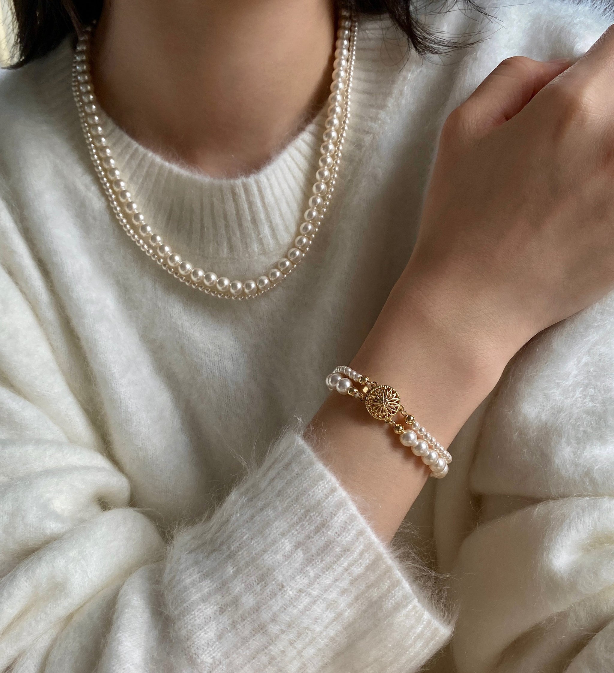 Two Tone Sunflower Clasp Mixed Size Imitation Pearl Necklace For Women 3mm+6mm Gradient Pearl 45cm Adjustable Gold Silver Clasp Cream Grey Australian White French Vintage Daily Jewelry Gift For Ladies   LUNA-X287