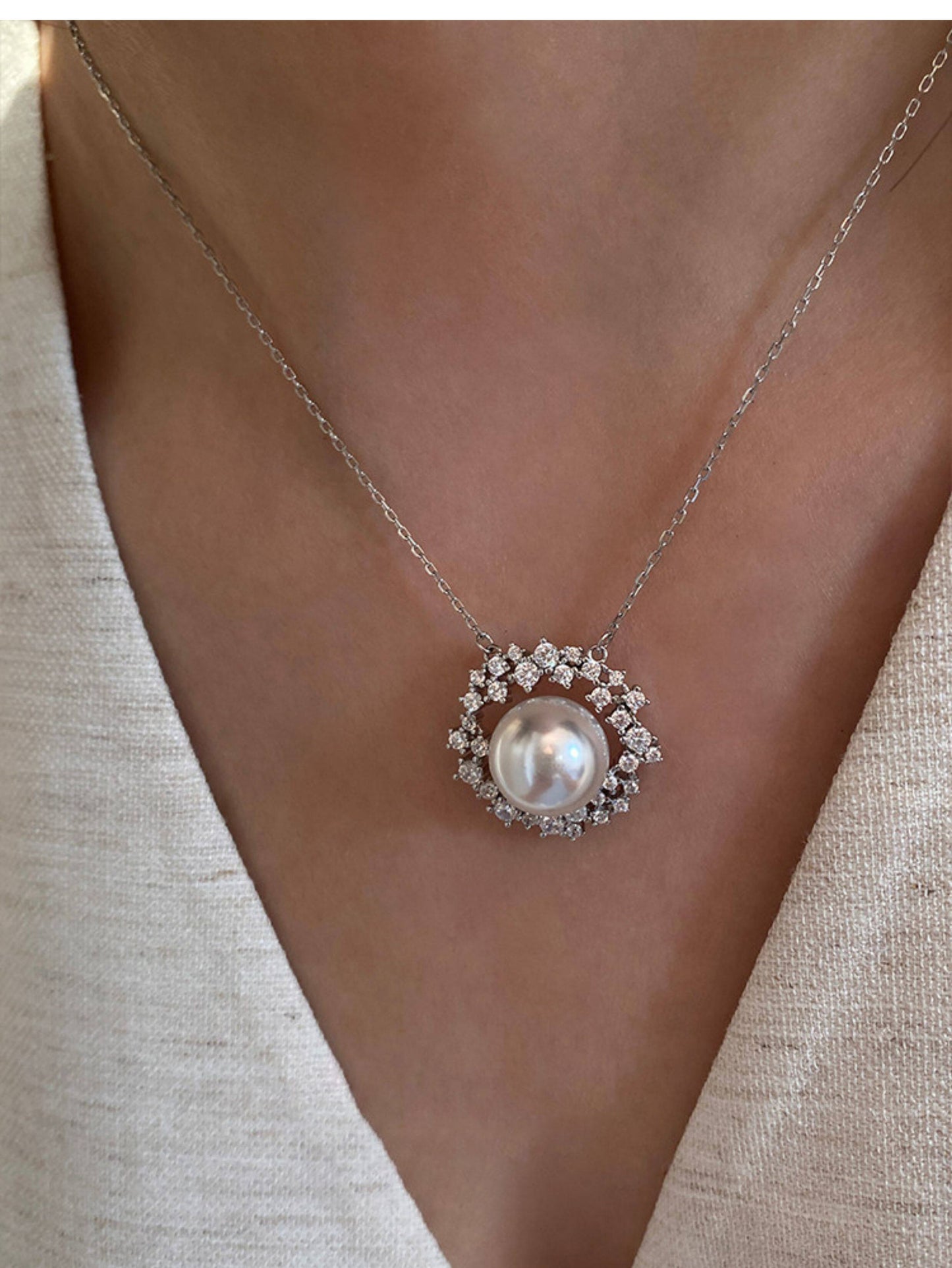 Elegant 12mm Australian White Pearl Wreath Halo Necklace for Women, Solid 925 Sterling Silver Sparkling Cubic Zirconia Pendant Adjustable 40+5cm Chain Bridal Wedding Fine Jewelry Gift  LUNA-X290