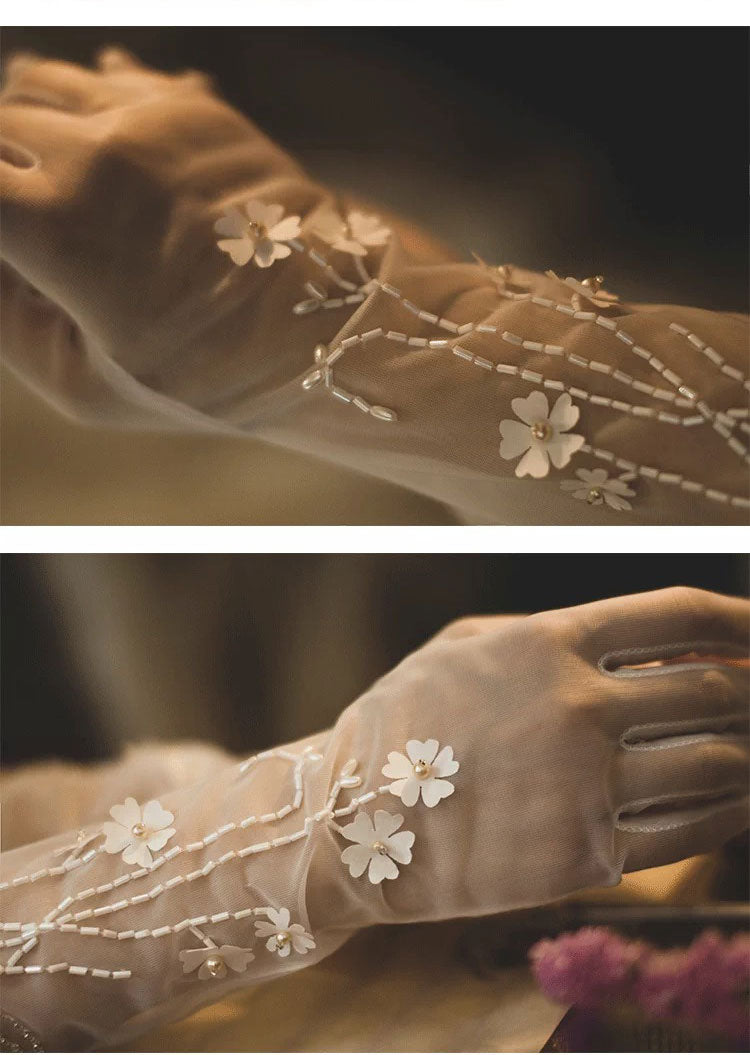 Ethereal Blossom Illusion Mesh Bridal Gloves - 35cm White 3D Floral Hand-Beaded Wedding Gloves - Vintage Cottagecore Sheer Prom Mittens LUNA-X316