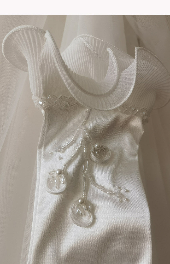 Lily of the Valley Satin Bridal Gloves - Hand-Beaded Pearl Floral Wedding Gloves - Vintage Pleated Ruffle Edge Prom & Evening Mittens (38cm/28cm) LUNA-X320
