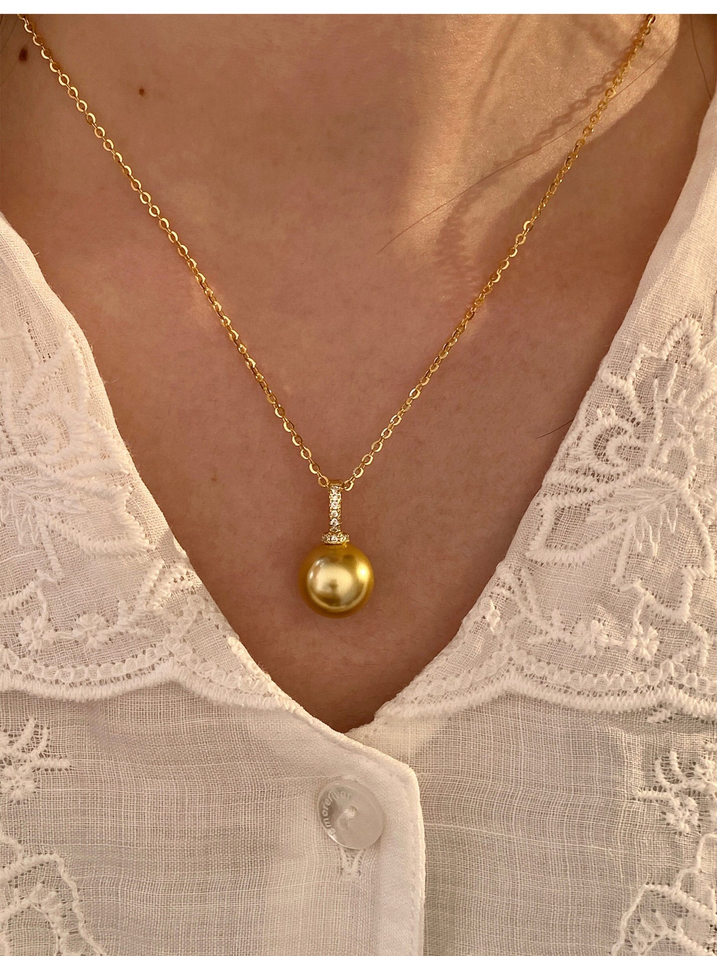 S925 Silver South Sea Golden Shell Pearl Pendant Necklace For Women 12mm 14mm Two Sizes Zircon Bail Shiny O Chain Elegant Wedding Formal Luxury Jewelry Gift For Mom Ladies   LUNA-X283