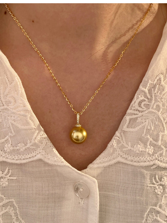 South Sea Golden Shell Imitation Pearl Pendant Necklace For Women, Two Sizes 12mm & 14mm, Zircon Inlaid Bail, Shiny O Chain, Elegant Wedding Formal Luxury Jewelry Gift For Mom Ladies  LUNA-X283