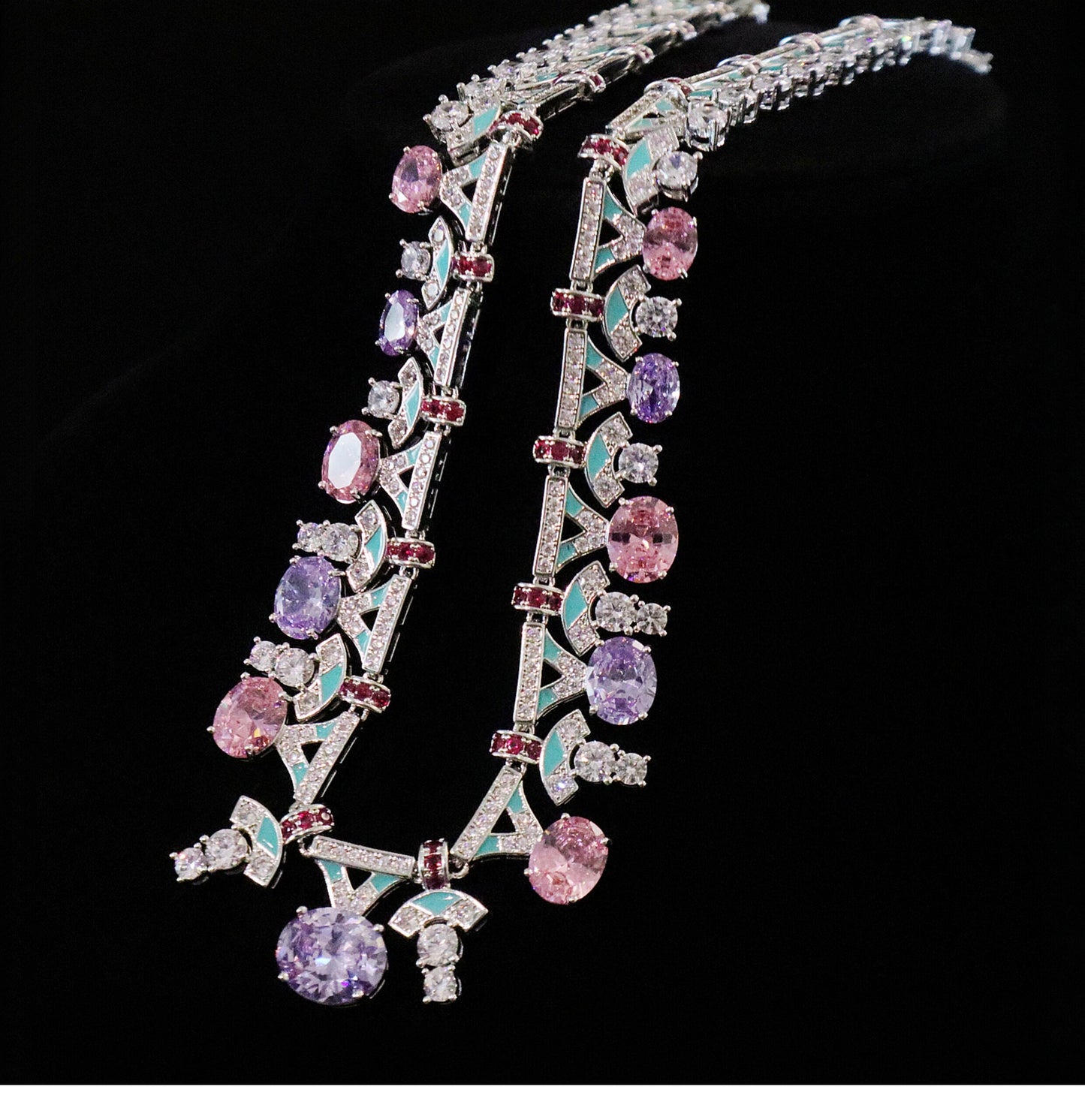 "Palace Garden Palette" Vintage Geometric Jewelry Set, Radiant Pastel Ombre Gemstone Cascade Fringe Necklace & Royal Drop Earrings Duo LUNA-X164